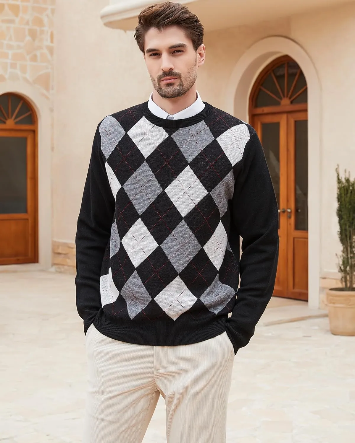 Kallspin Men's Wool Blend Crewneck Sweater Argyle Long Sleeve Pullover Sweater for Casual Or Dressy Wear