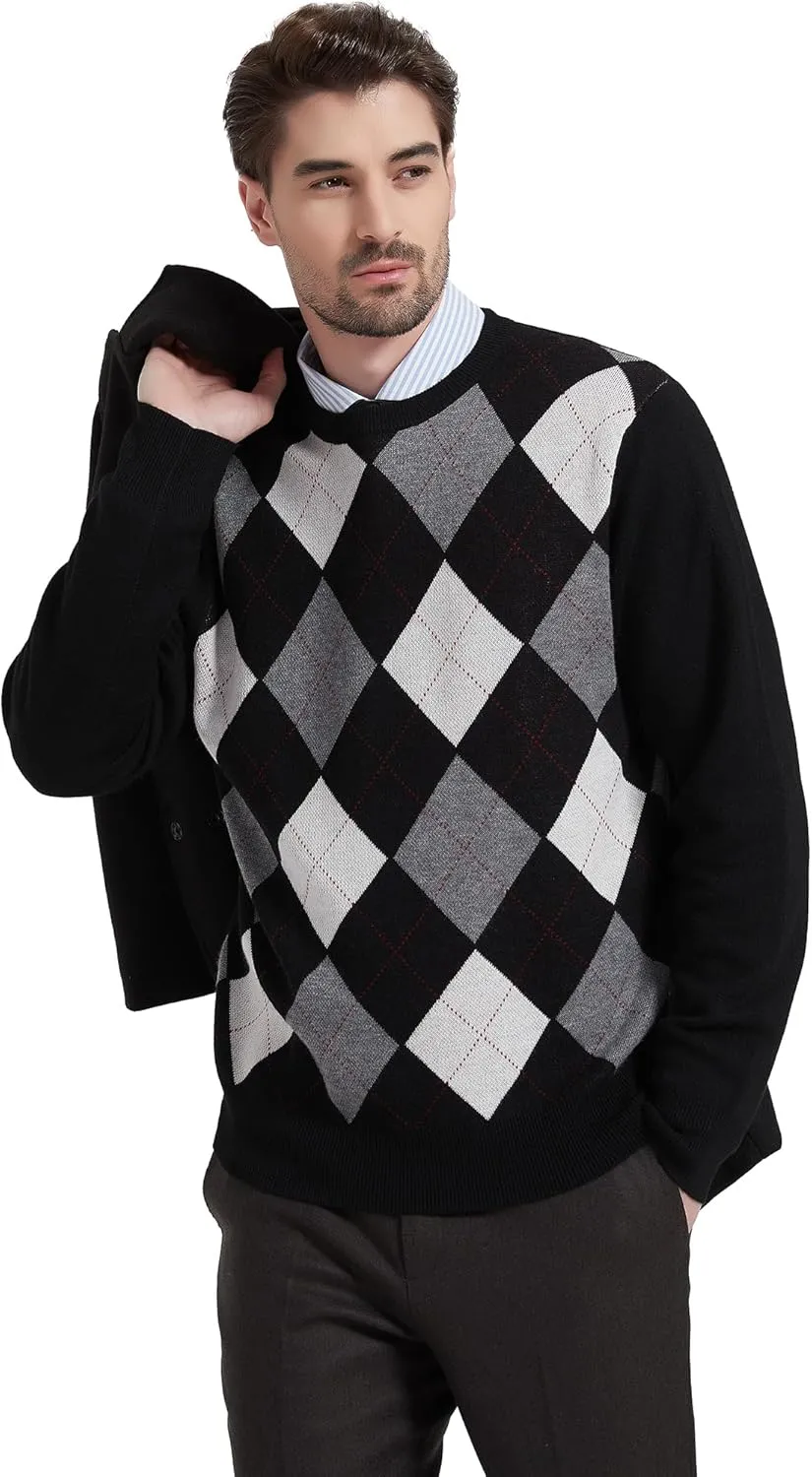 Kallspin Men's Wool Blend Crewneck Sweater Argyle Long Sleeve Pullover Sweater for Casual Or Dressy Wear