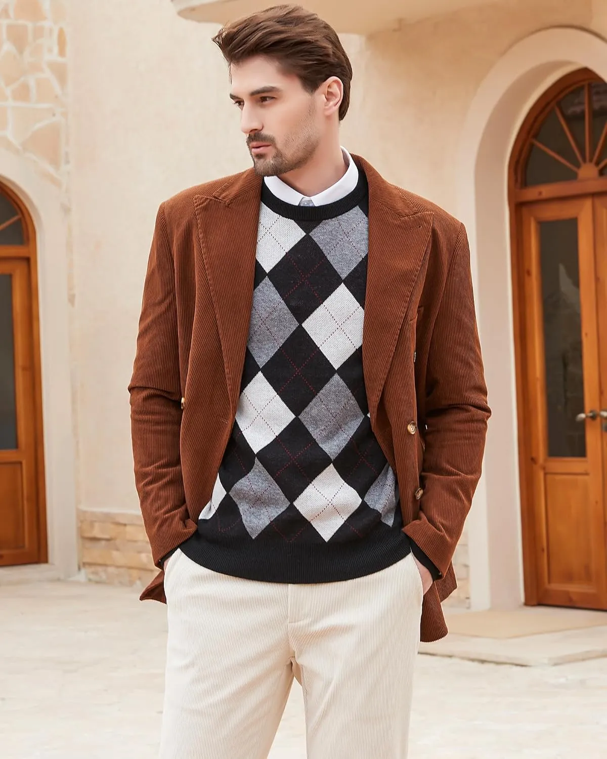 Kallspin Men's Wool Blend Crewneck Sweater Argyle Long Sleeve Pullover Sweater for Casual Or Dressy Wear