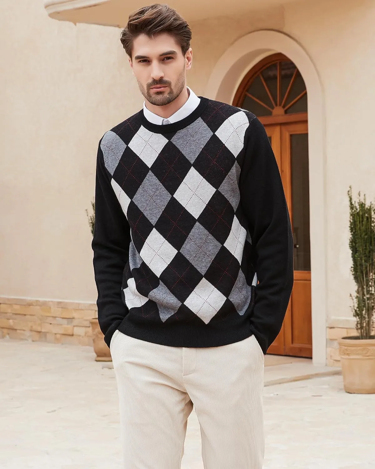 Kallspin Men's Wool Blend Crewneck Sweater Argyle Long Sleeve Pullover Sweater for Casual Or Dressy Wear