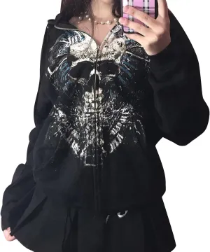 Karwuiio Women Men Zip Up Hoodie Y2k Vintage Graphic Oversized Sweatshirt Jacket Pullover Coats Gothic Streetwear