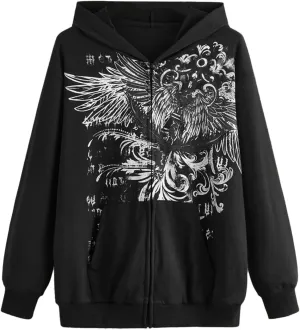 Karwuiio Women Men Zip Up Hoodie Y2k Vintage Graphic Oversized Sweatshirt Jacket Pullover Coats Gothic Streetwear