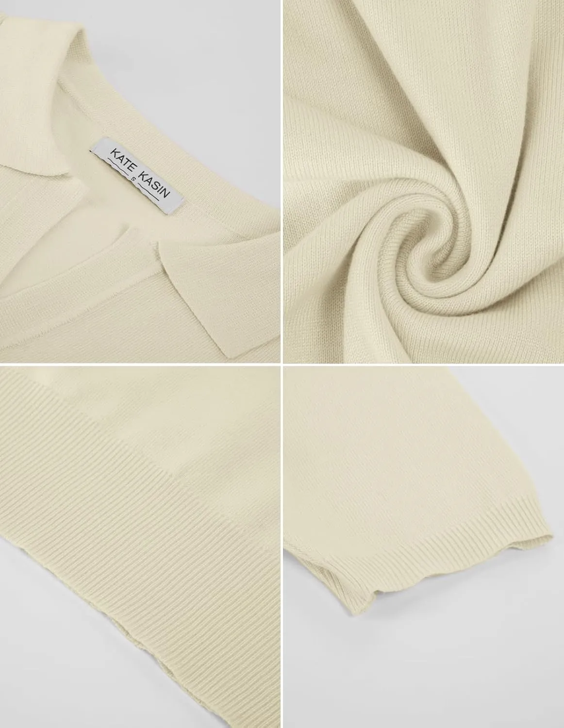 Kate Kasin Women Short Sleeve Polo Sweater V Neck Knitted Tops Casual Ribbed Shirt Loose Pullover Sweater