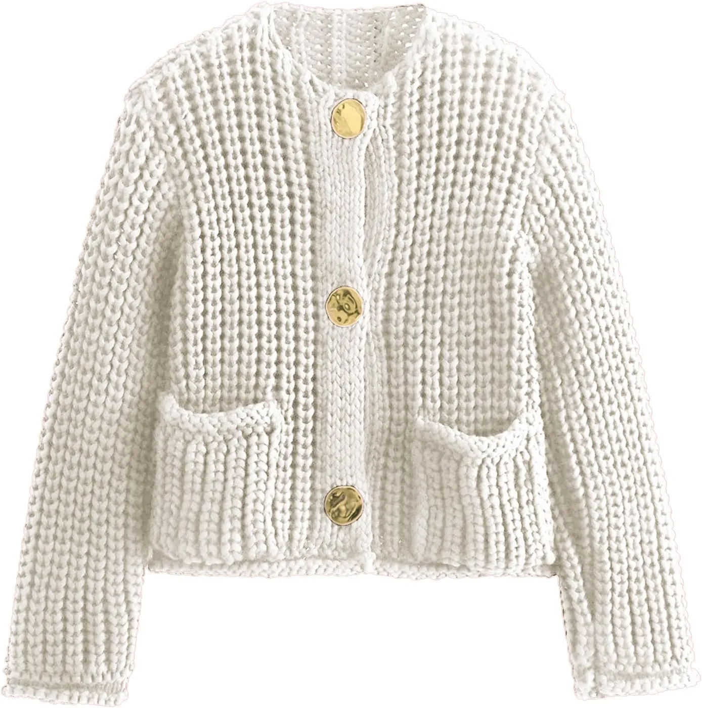 KEOMUD Women Button Down Cardigan Sweater Casual Long Sleeve Crewneck Cropped Chunky Knit Outerwear with Pockets