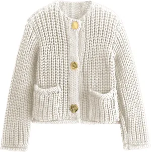 KEOMUD Women Button Down Cardigan Sweater Casual Long Sleeve Crewneck Cropped Chunky Knit Outerwear with Pockets