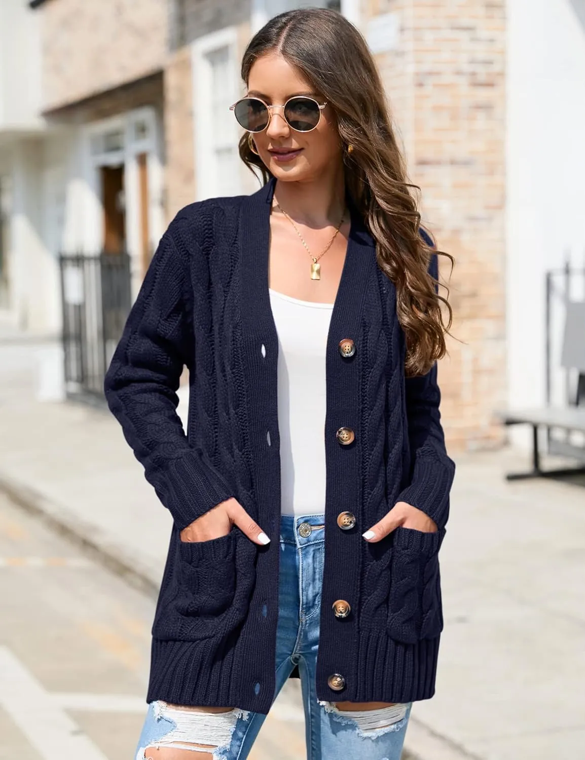 KOJOOIN Women's Casual Button Down Cardigan Sweaters Chunky Long Sleeve Cable Knit Outerwear Coat with Pocket