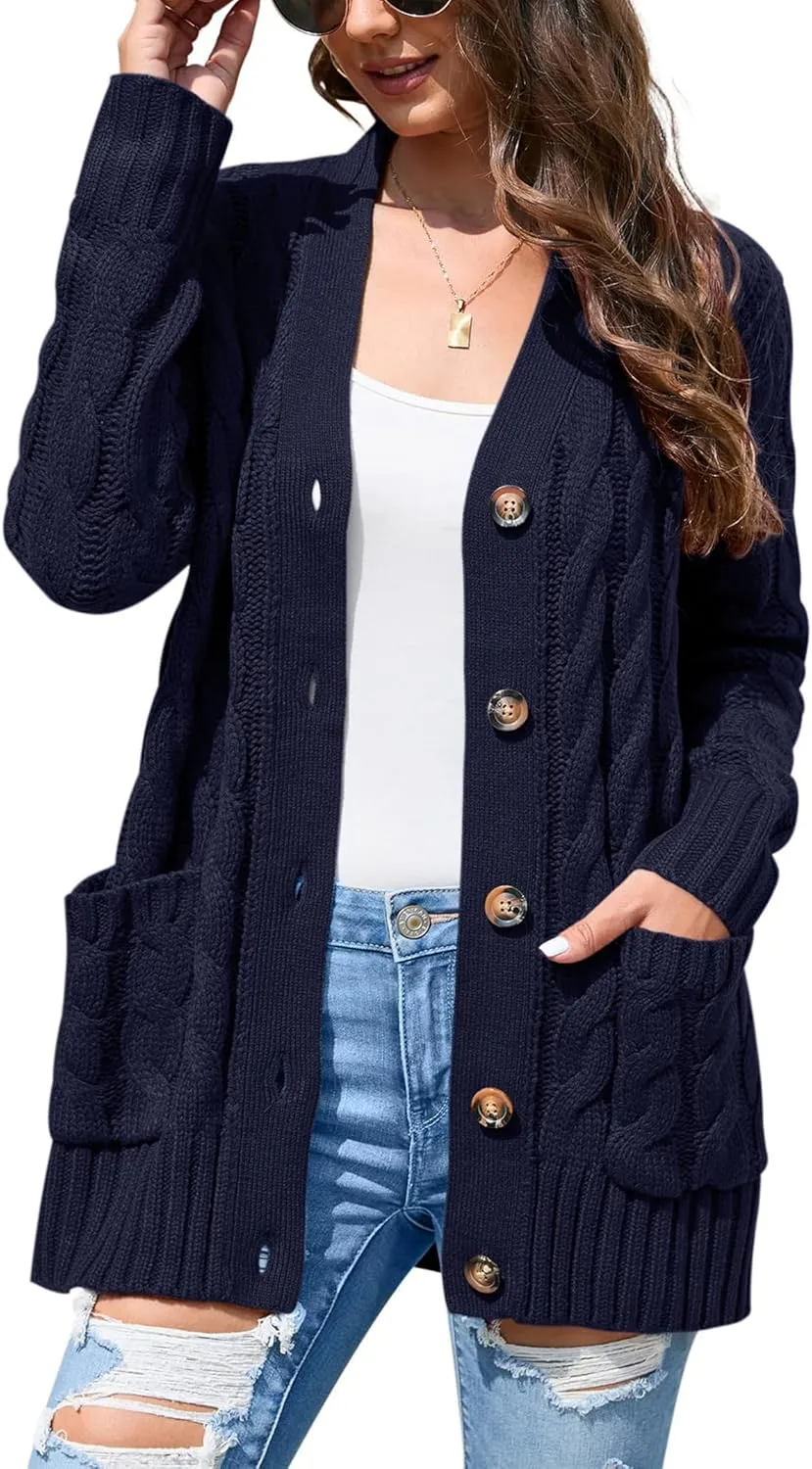 KOJOOIN Women's Casual Button Down Cardigan Sweaters Chunky Long Sleeve Cable Knit Outerwear Coat with Pocket