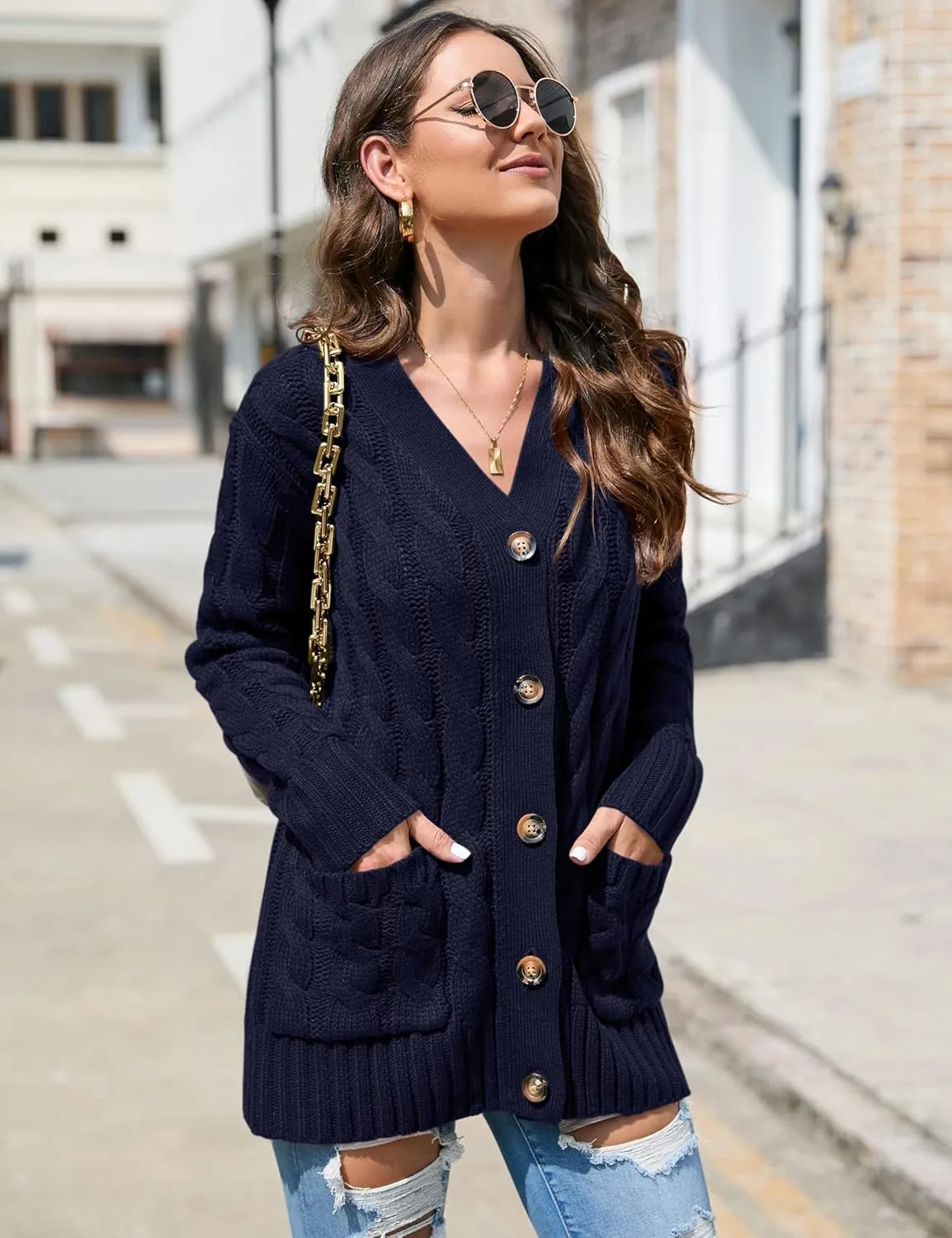 KOJOOIN Women's Casual Button Down Cardigan Sweaters Chunky Long Sleeve Cable Knit Outerwear Coat with Pocket