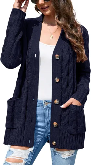 KOJOOIN Women's Casual Button Down Cardigan Sweaters Chunky Long Sleeve Cable Knit Outerwear Coat with Pocket