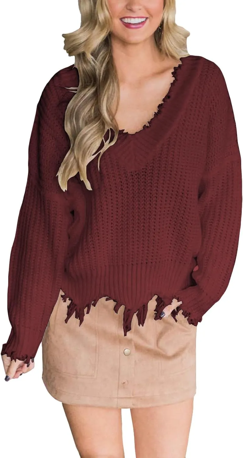 LAMISSCHE Womens Loose Knitted Off The Shoulder Sweater Solid V Neck Long Sleeve Pullover Ripped Crop Top