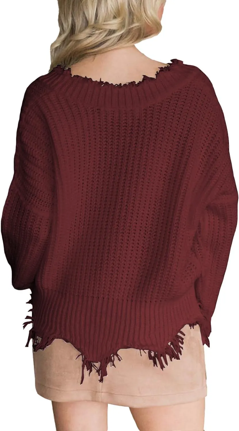 LAMISSCHE Womens Loose Knitted Off The Shoulder Sweater Solid V Neck Long Sleeve Pullover Ripped Crop Top