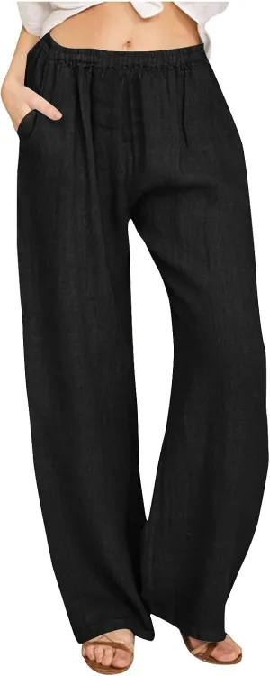 Lastesso Palazzo Pants for Women Casual Lightweight Linen Cotton Outfits with Pockets Soft High Waist Summer Lounge Trousers