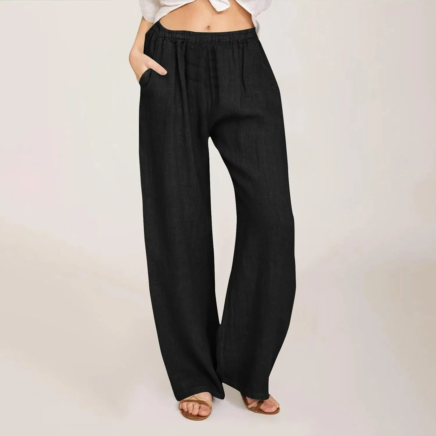 Lastesso Palazzo Pants for Women Casual Lightweight Linen Cotton Outfits with Pockets Soft High Waist Summer Lounge Trousers