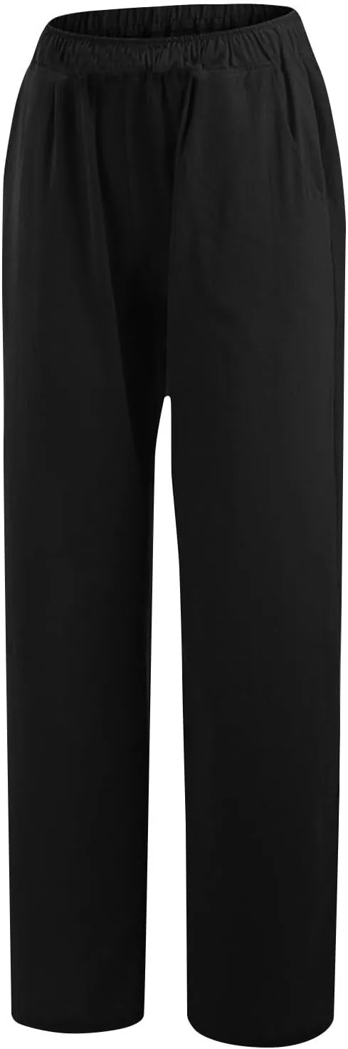 Lastesso Palazzo Pants for Women Casual Lightweight Linen Cotton Outfits with Pockets Soft High Waist Summer Lounge Trousers