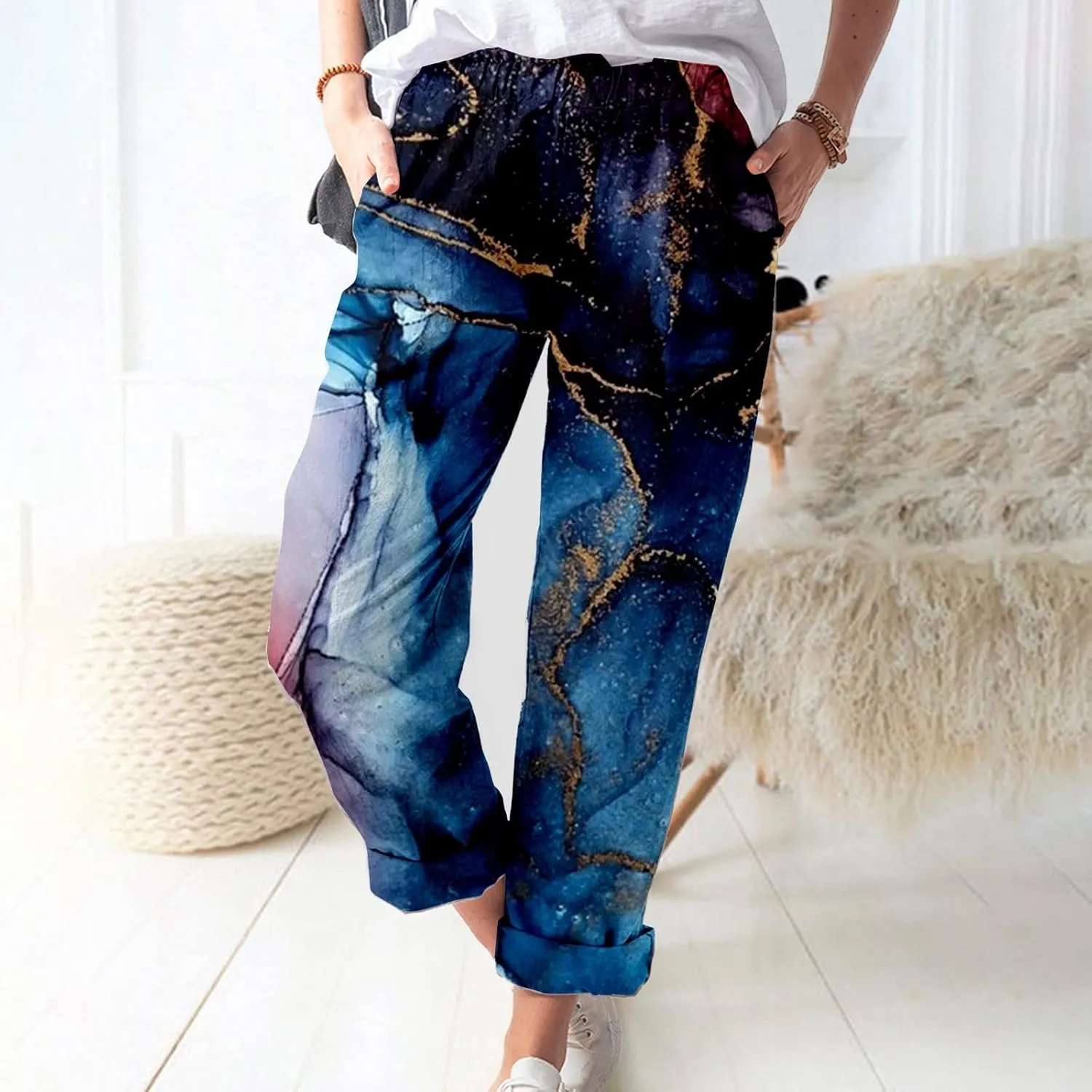 LCMTWX Linen Pants for Women Pants High Waisted Pant Smocked Pleated Loose Fit Casual Trousers Linen Pants Women Womens