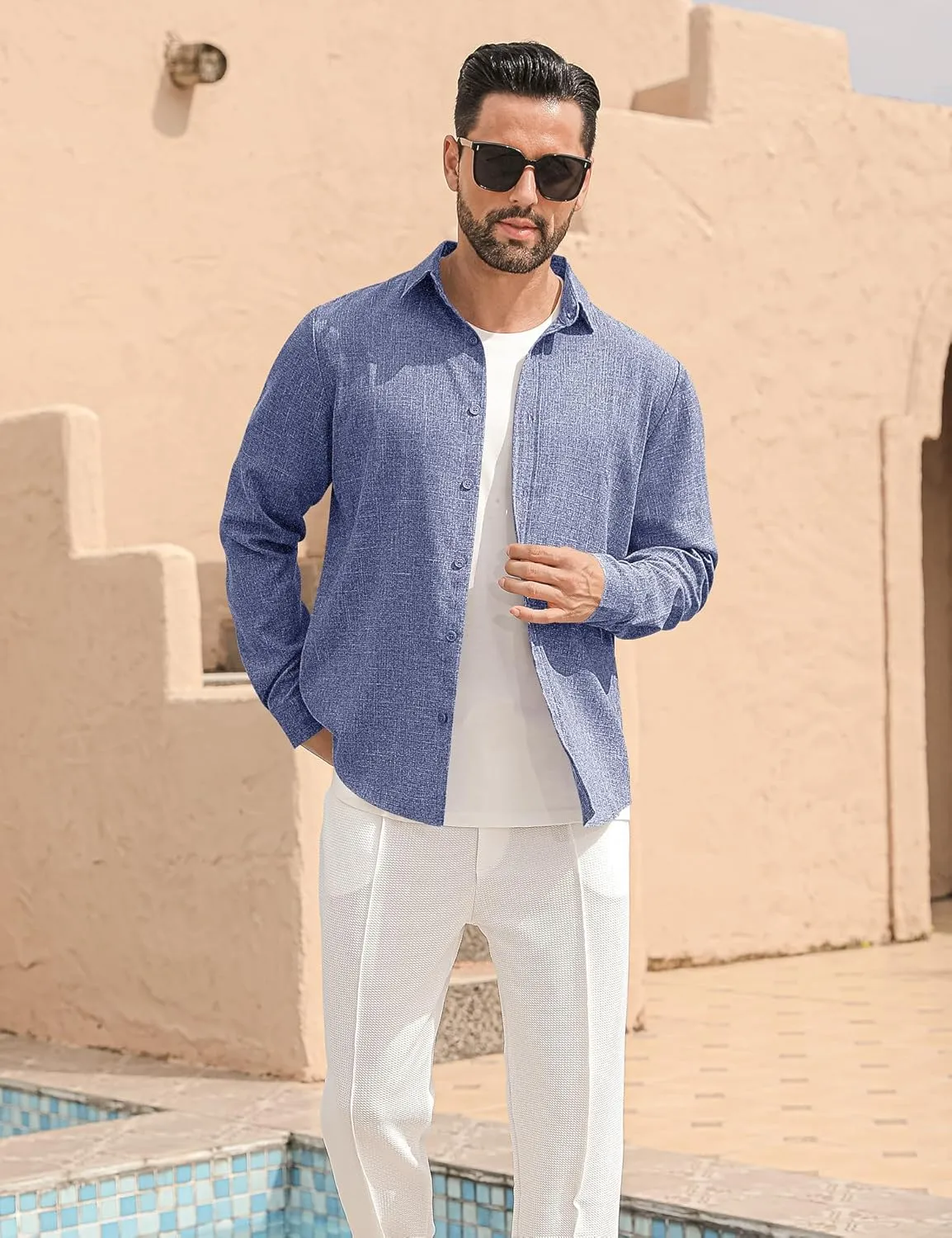 LETSEE Men's Linen Shirts Long Sleeve Untucked Casual Button Down Shirts for Men Business Dress Clothes Fashion Beach Tops