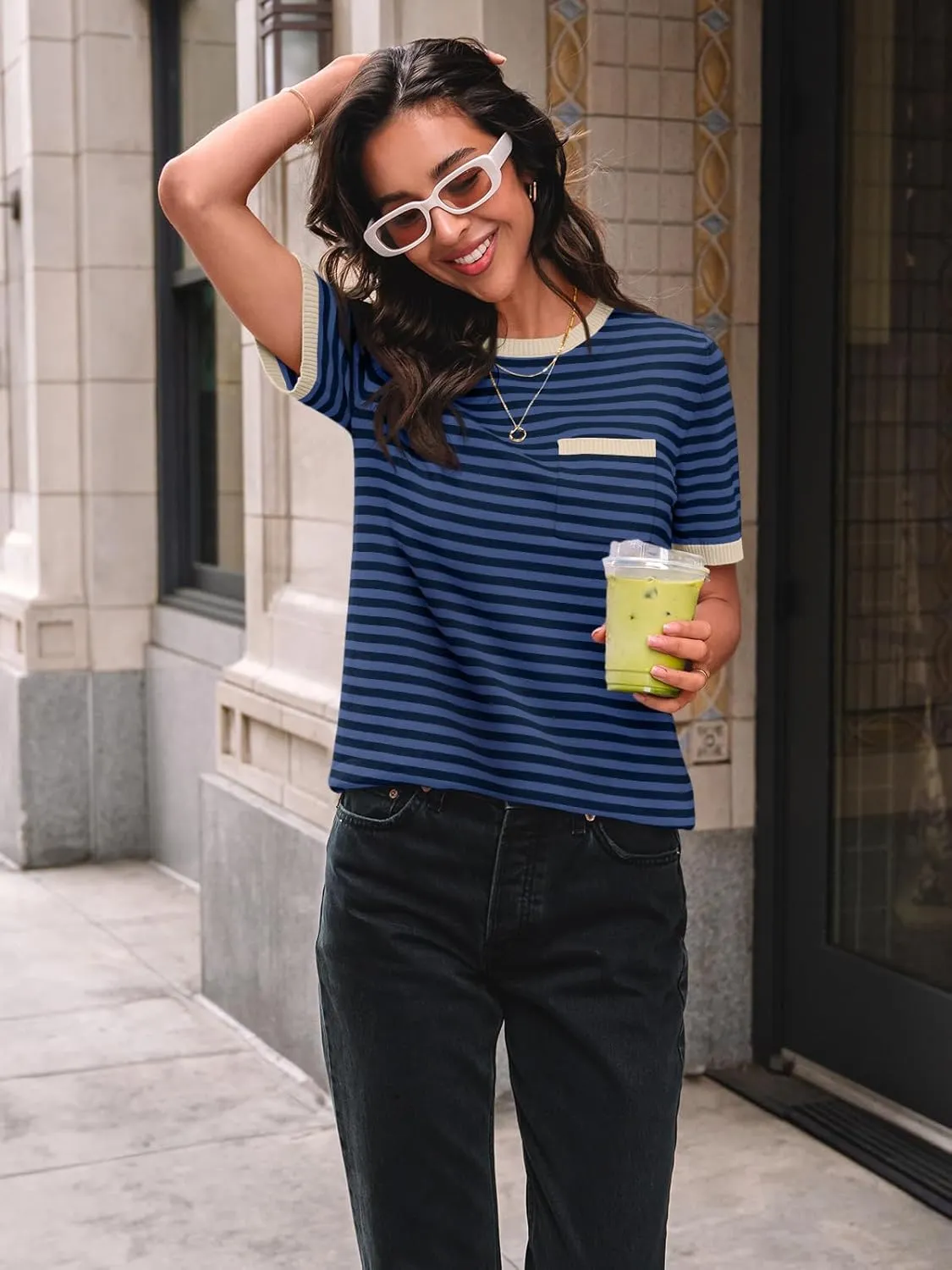 LILLUSORY Womens Striped Short Sleeve Sweater Pullover Shirts with Chest Pocket