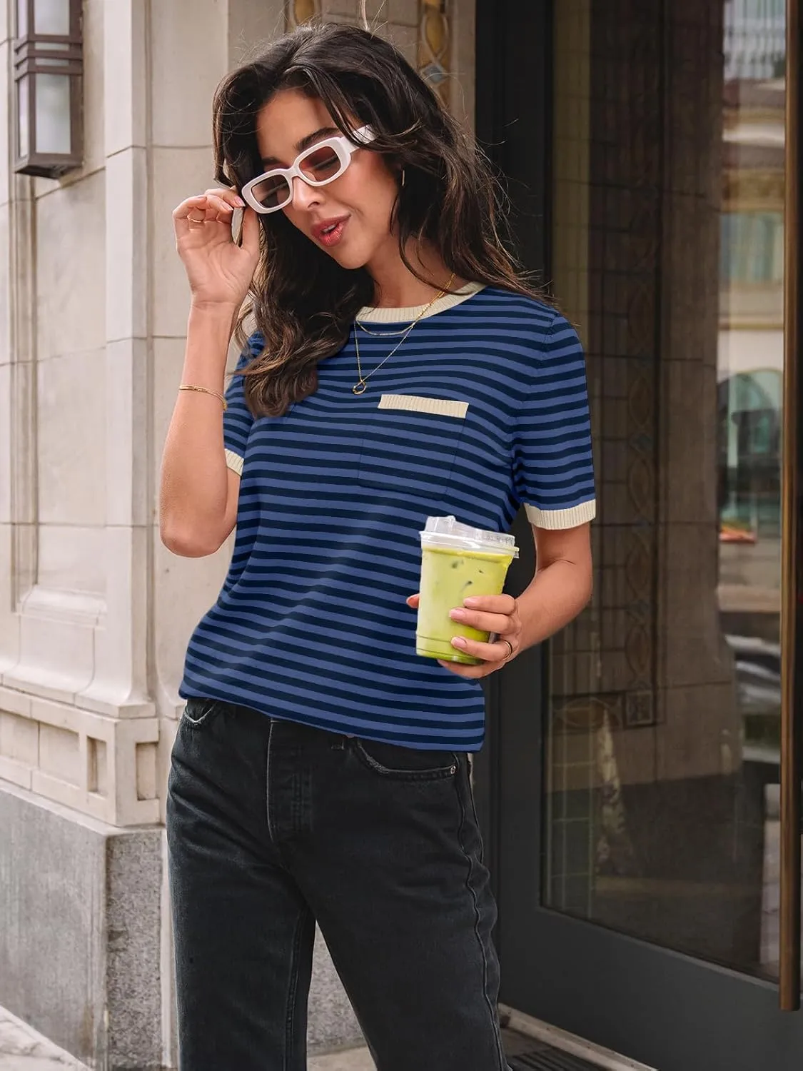 LILLUSORY Womens Striped Short Sleeve Sweater Pullover Shirts with Chest Pocket
