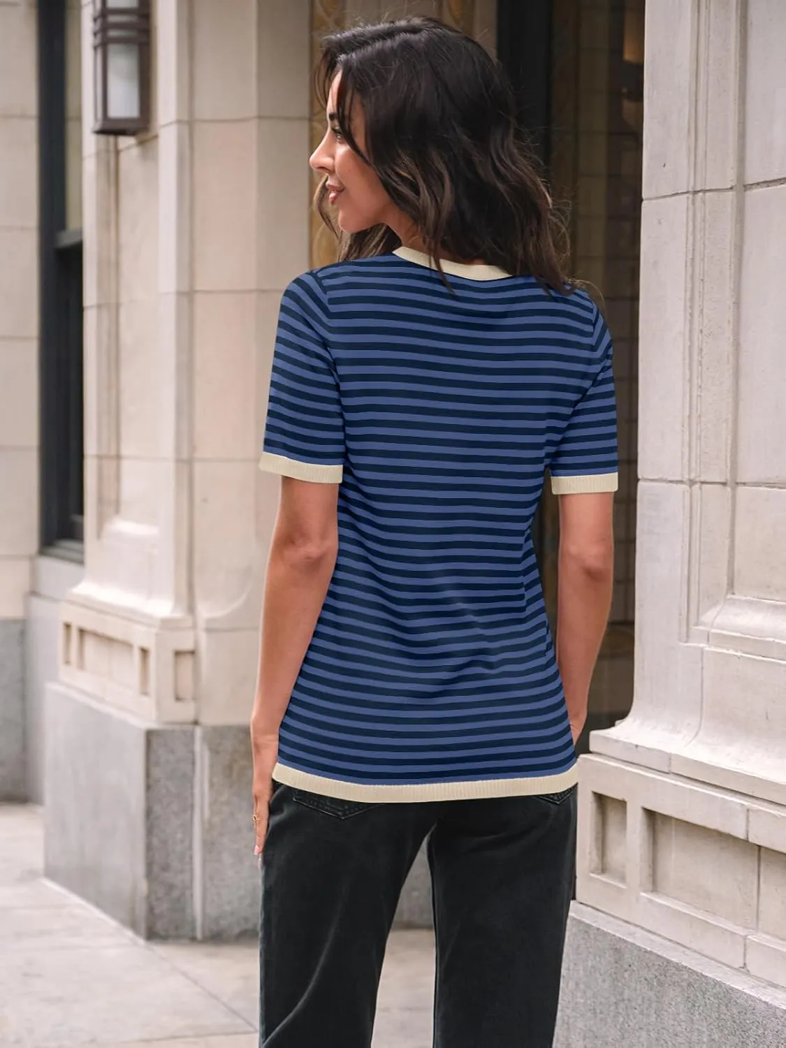 LILLUSORY Womens Striped Short Sleeve Sweater Pullover Shirts with Chest Pocket