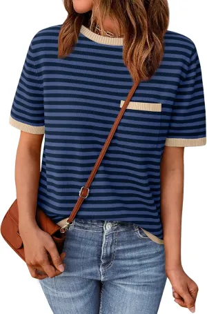 LILLUSORY Womens Striped Short Sleeve Sweater Pullover Shirts with Chest Pocket