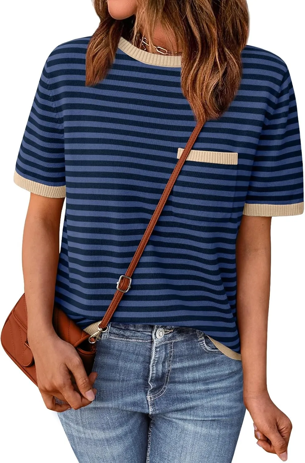 LILLUSORY Womens Striped Short Sleeve Sweater Pullover Shirts with Chest Pocket
