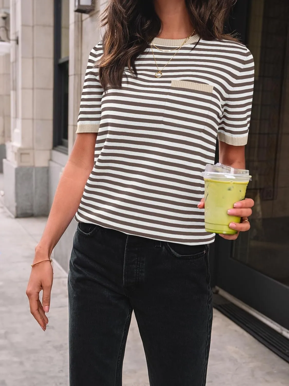 LILLUSORY Womens Striped Short Sleeve Sweater Pullover Shirts with Chest Pocket