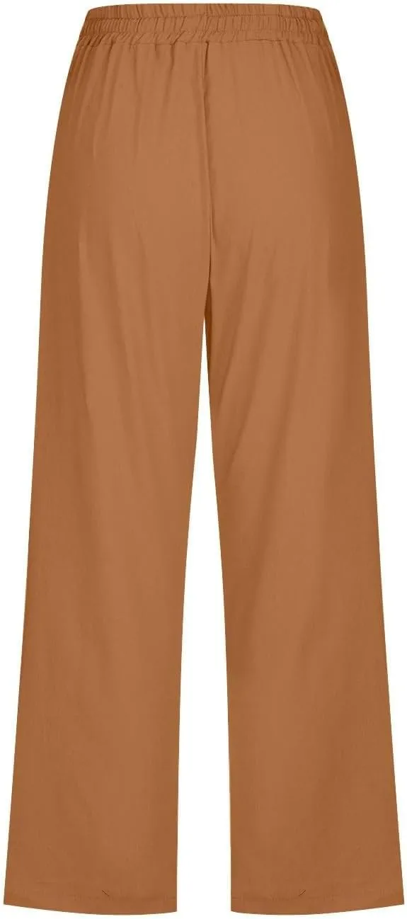 Linen Capri Pants for Women High Waisted Wide Leg Linen Palazzo Trousers with Pockets Drawstring Loose Flowy Pants