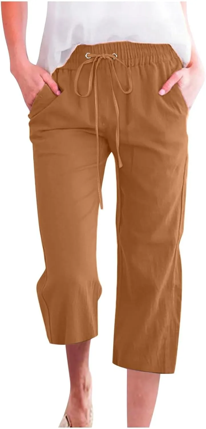 Linen Capri Pants for Women High Waisted Wide Leg Linen Palazzo Trousers with Pockets Drawstring Loose Flowy Pants
