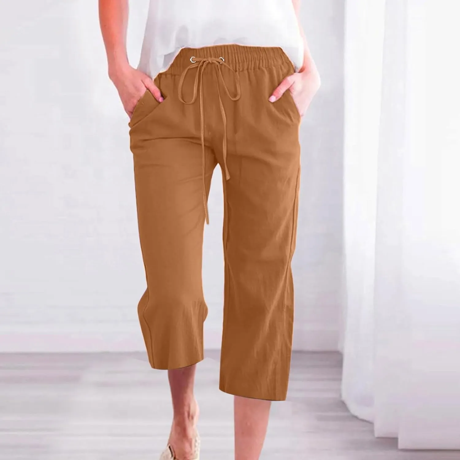 Linen Capri Pants for Women High Waisted Wide Leg Linen Palazzo Trousers with Pockets Drawstring Loose Flowy Pants