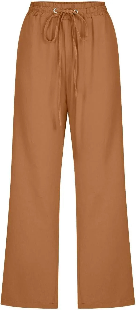 Linen Capri Pants for Women High Waisted Wide Leg Linen Palazzo Trousers with Pockets Drawstring Loose Flowy Pants