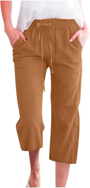 Linen Capri Pants for Women High Waisted Wide Leg Linen Palazzo Trousers with Pockets Drawstring Loose Flowy Pants