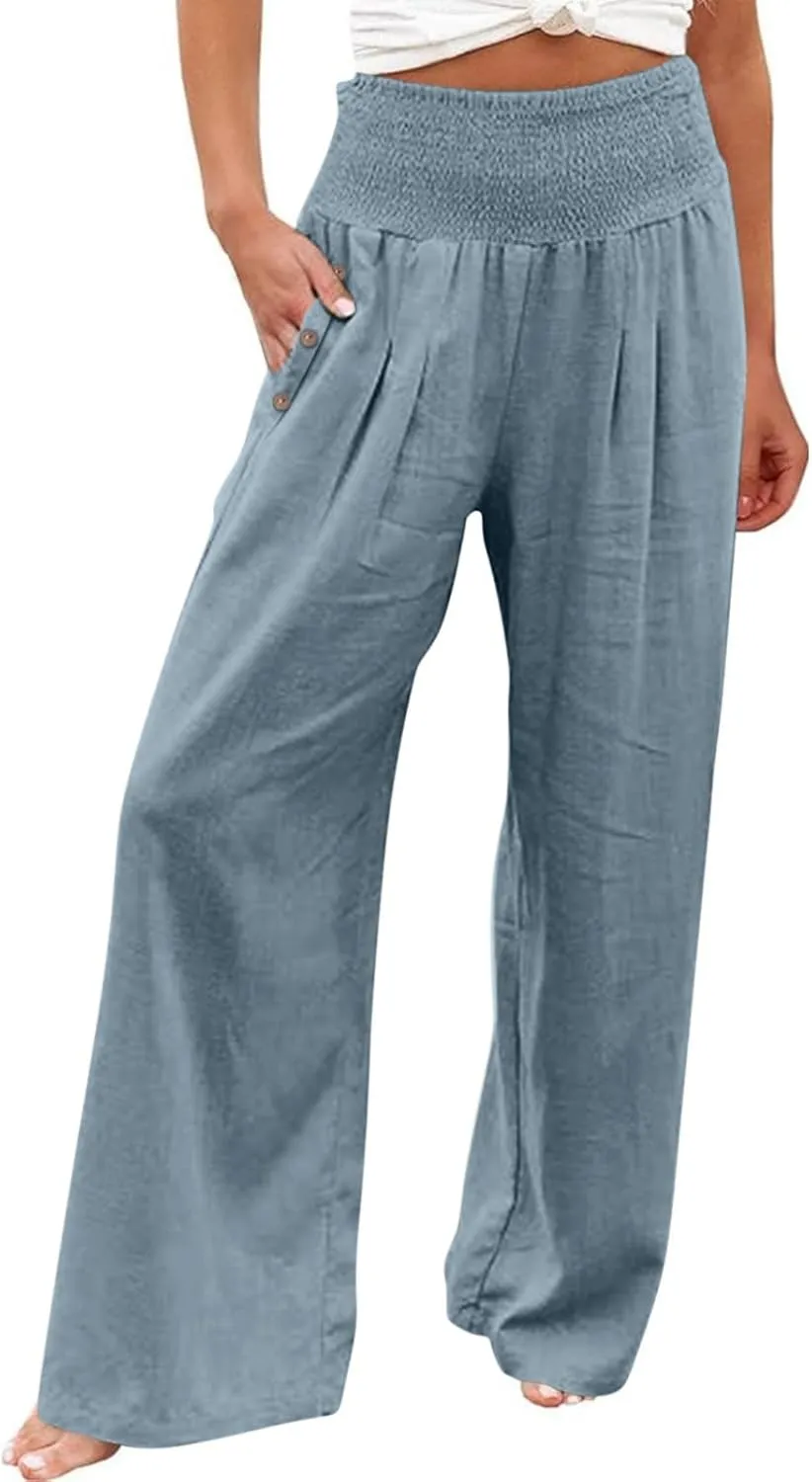 Linen Capri Pants for Women Plus Size Women's Linen Wide Leg Pants 2024 Summer Casual Loose Beach Palazzo Harem Pants