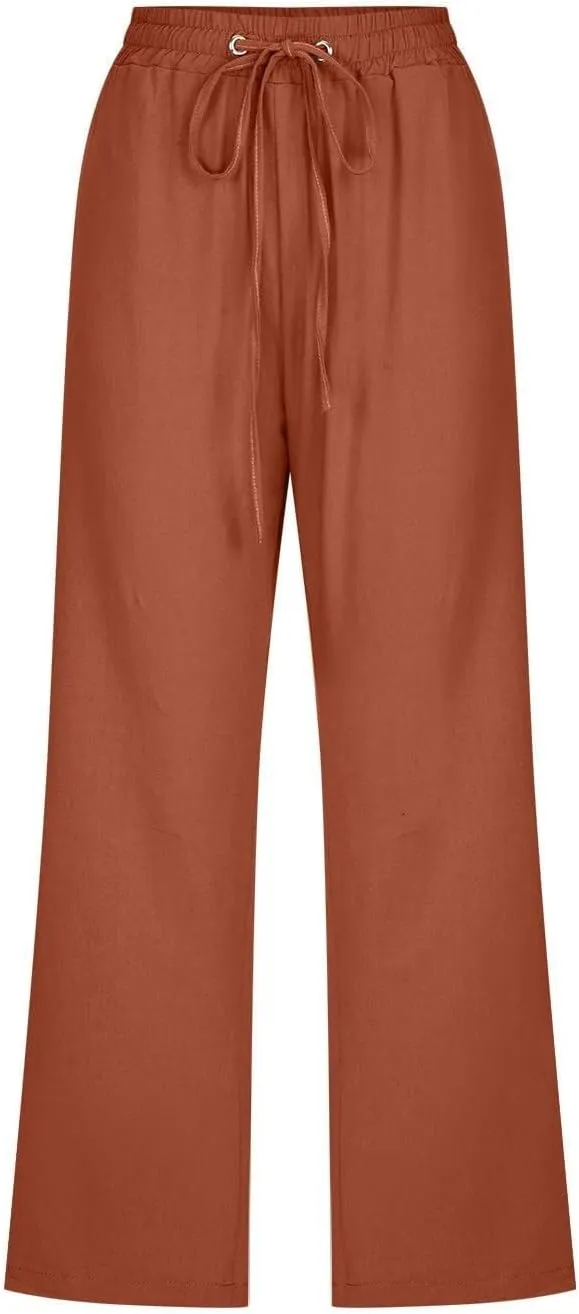 Linen Capris for Women 2024 Summer Lightweight High Waisted Cropped Pants Casual Loose Wide Leg Trousers with Pockets