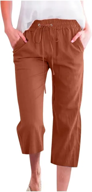 Linen Capris for Women 2024 Summer Lightweight High Waisted Cropped Pants Casual Loose Wide Leg Trousers with Pockets
