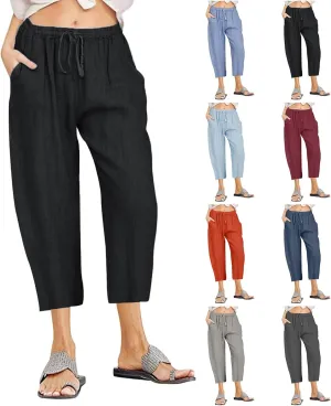 Linen Capris Pants for Women 2025 Summer Comfy Drawstring Waist Beach Pants Lightweight Cropped Trouser with Pockets