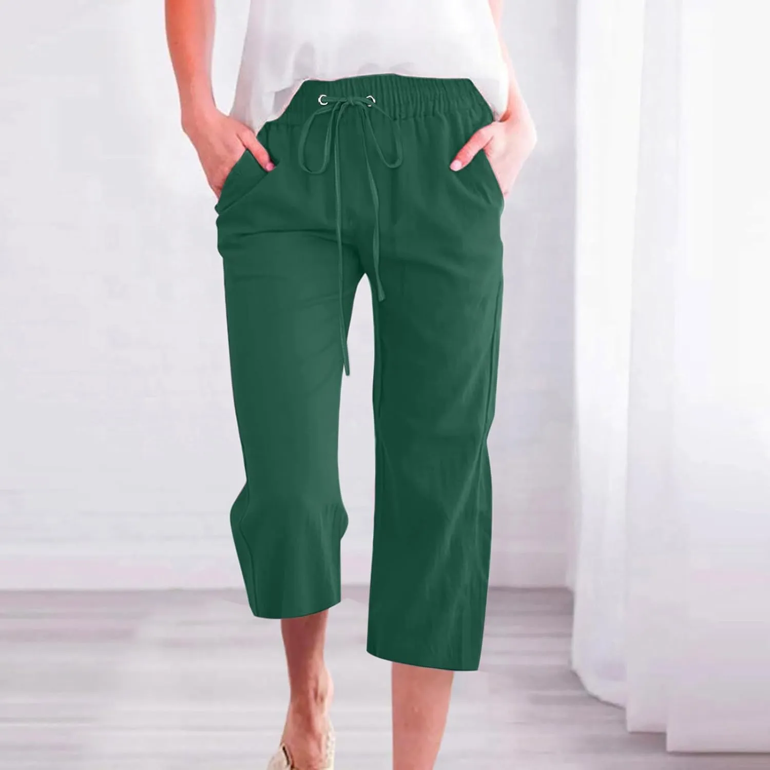 Linen Capris Pants for Women Casual Summer 2025 Wide Leg Loose Drawstring Elastic Waist Cropped Trouser Clothes
