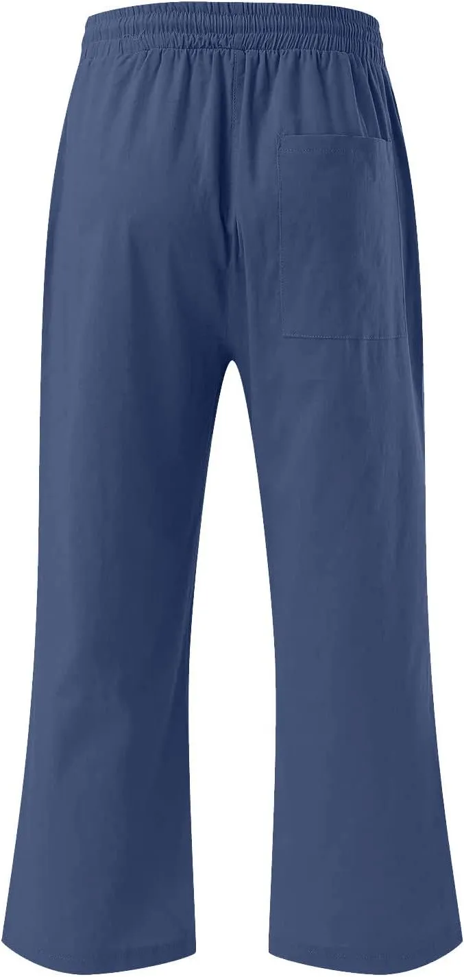 Linen Capris Pants for Women Casual Summer 2025 Wide Leg Loose Drawstring Elastic Waist Cropped Trouser Clothes