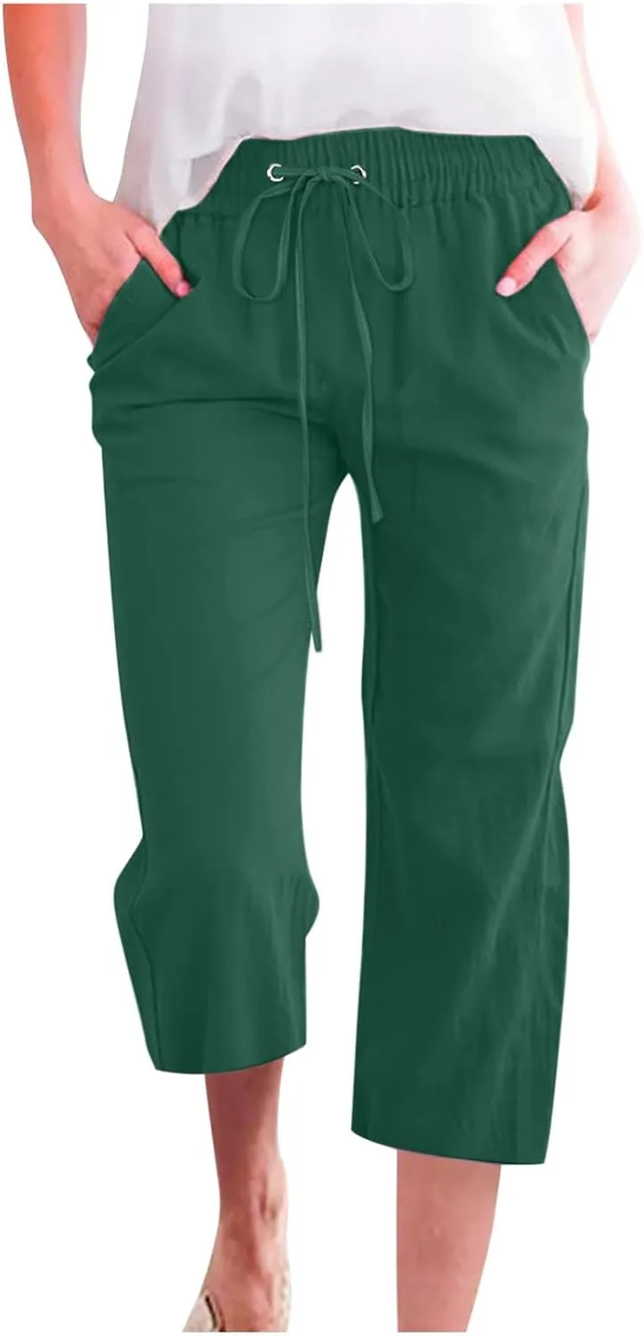 Linen Capris Pants for Women Casual Summer 2025 Wide Leg Loose Drawstring Elastic Waist Cropped Trouser Clothes