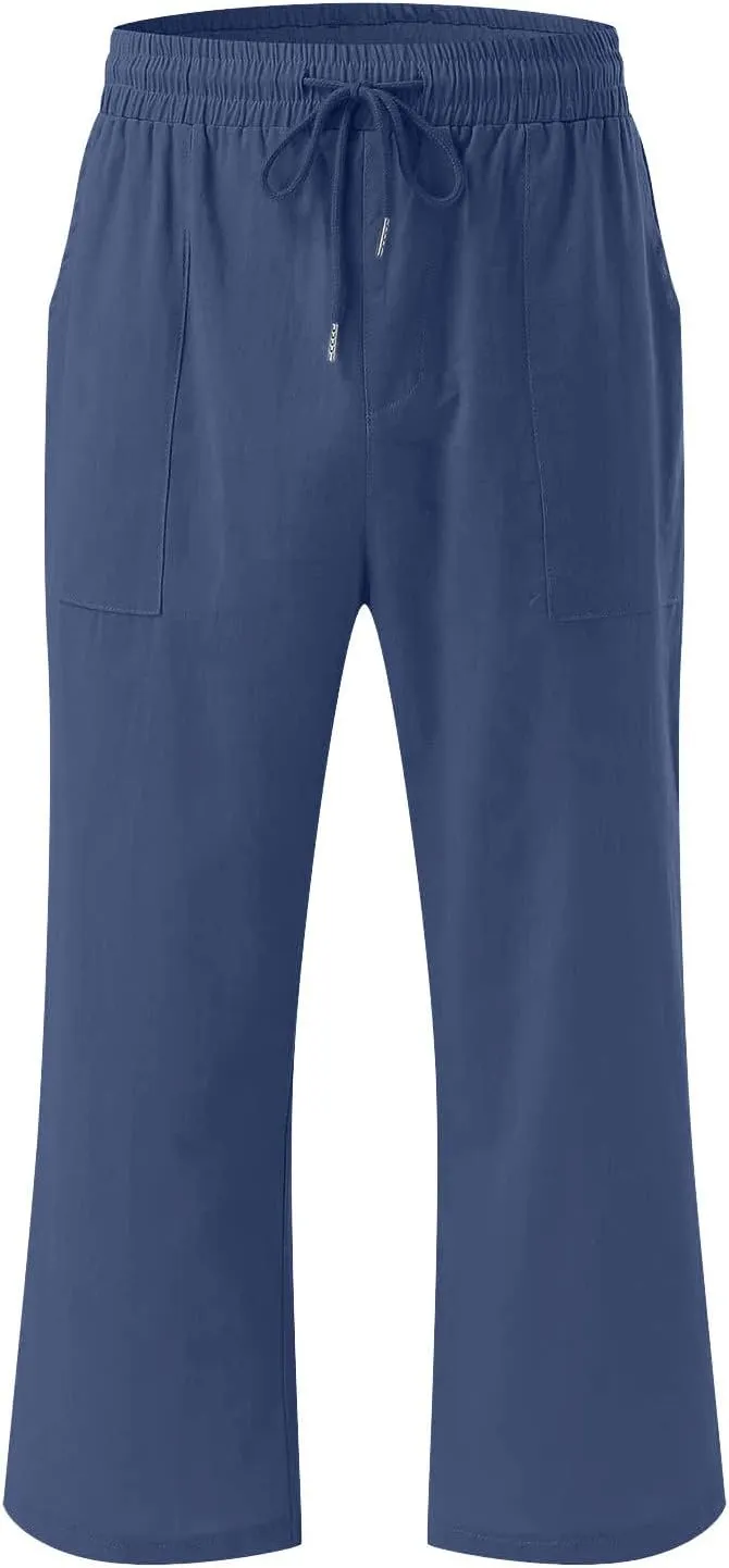 Linen Capris Pants for Women Casual Summer 2025 Wide Leg Loose Drawstring Elastic Waist Cropped Trouser Clothes