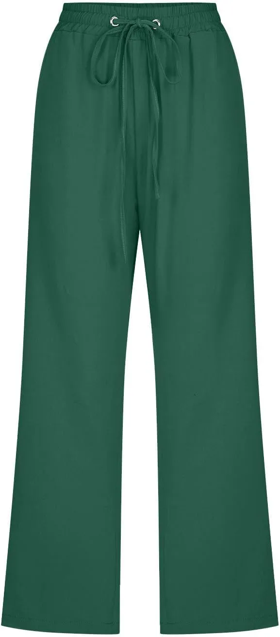 Linen Capris Pants for Women Casual Summer 2025 Wide Leg Loose Drawstring Elastic Waist Cropped Trouser Clothes