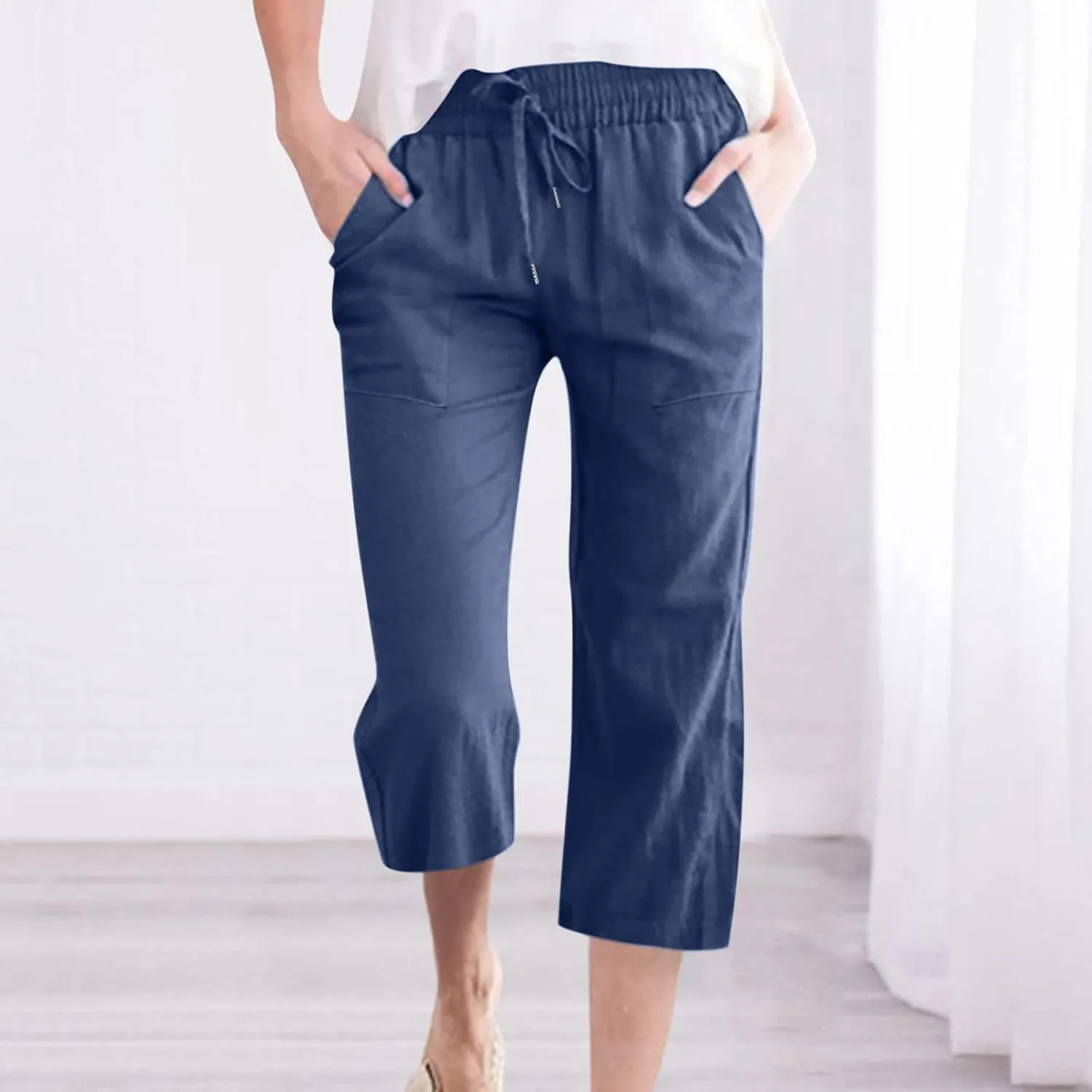 Linen Capris Pants for Women Casual Summer 2025 Wide Leg Loose Drawstring Elastic Waist Cropped Trouser Clothes