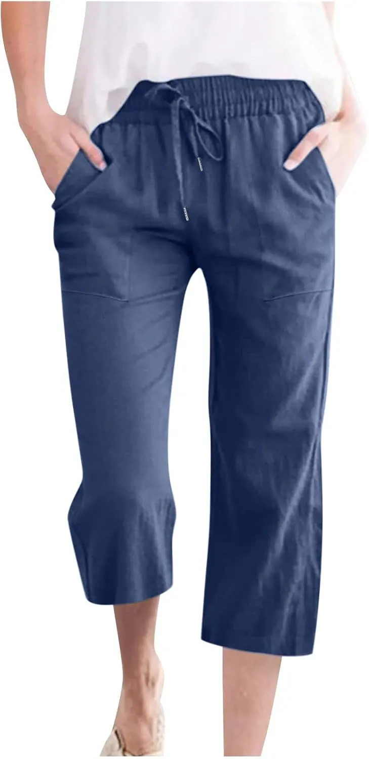 Linen Capris Pants for Women Casual Summer 2025 Wide Leg Loose Drawstring Elastic Waist Cropped Trouser Clothes