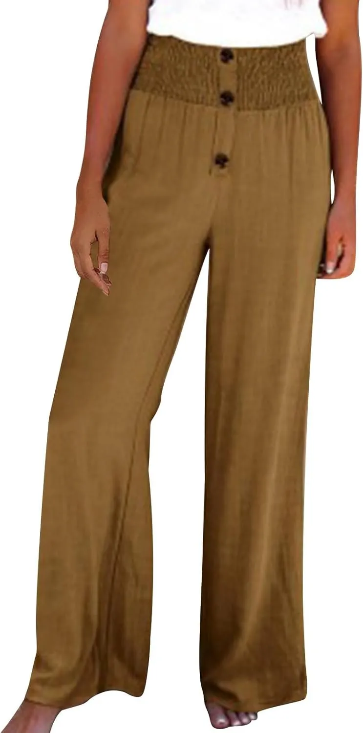 Linen Cotton Pants Women Wide Leg Pant Elastic High Waisted Straight Leg Flowy Casual Work Summer Trousers with Pocket