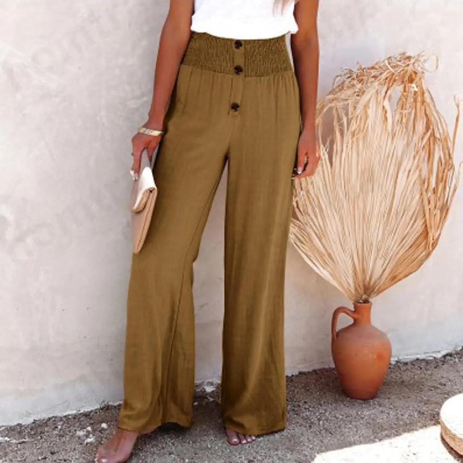 Linen Cotton Pants Women Wide Leg Pant Elastic High Waisted Straight Leg Flowy Casual Work Summer Trousers with Pocket