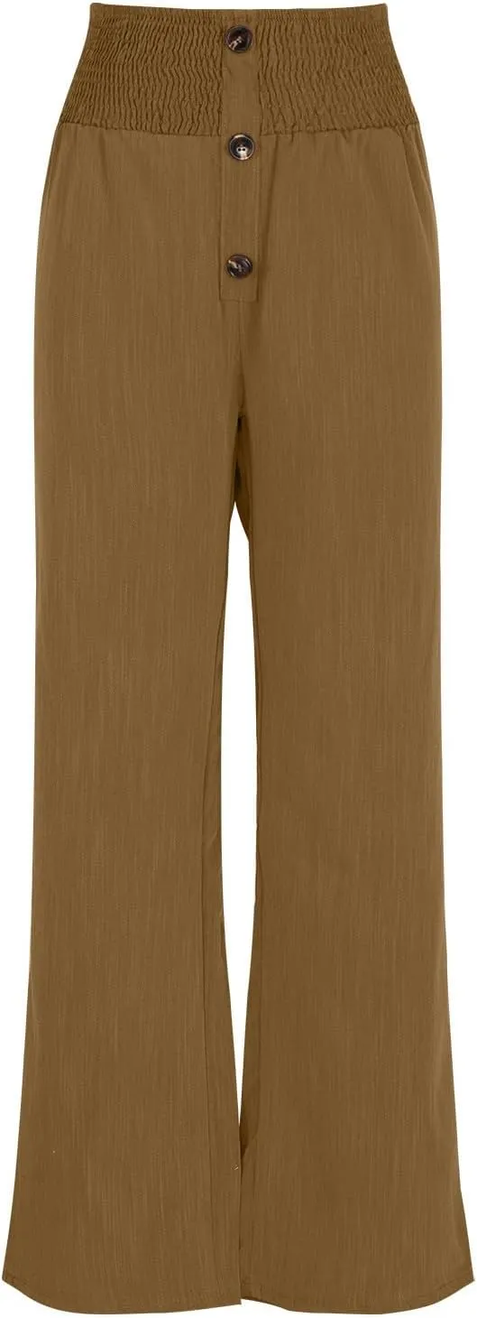 Linen Cotton Pants Women Wide Leg Pant Elastic High Waisted Straight Leg Flowy Casual Work Summer Trousers with Pocket