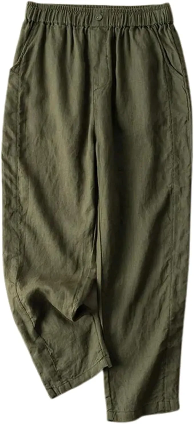 Linen Pants for Women 2025 Casual Summer High Elastic Waist Wide Leg Baggy Pants Comfort Beach Trousers with Pockets