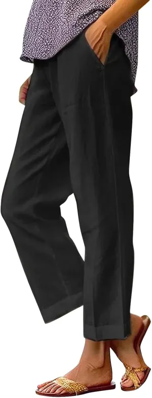 Linen Pants for Women 2025 High Waisted Wide Leg Trousers Trendy Solid Striped Elastic Waist Summer Gauze Capri Pants