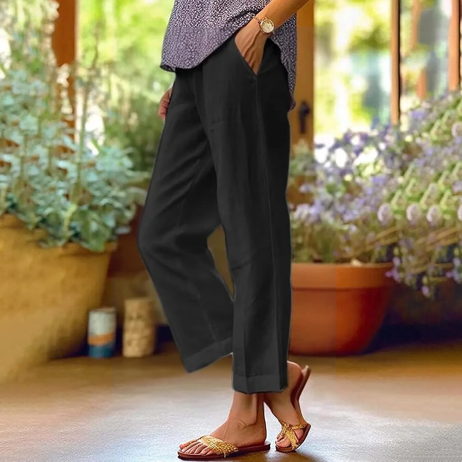 Linen Pants for Women 2025 High Waisted Wide Leg Trousers Trendy Solid Striped Elastic Waist Summer Gauze Capri Pants