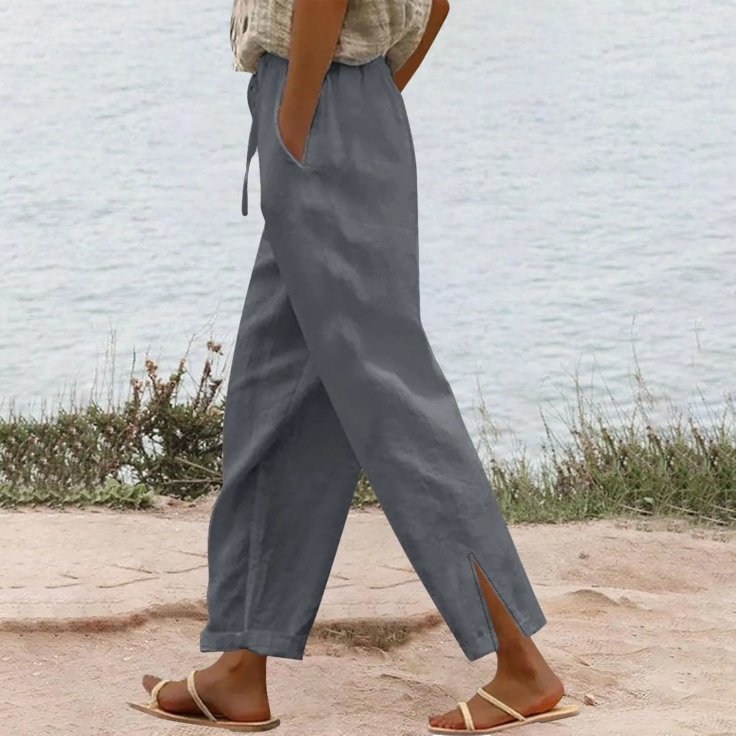 Linen Pants for Women 2025 Summer High Waist Straight Leg Lounge Pant Casual Loose Lightweight Split Beach Trousers