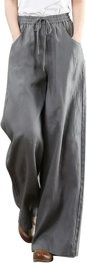 Linen Pants for Women Casual Loose Fit Flowy Wide Leg Pants Stretchy Straight Summer Beach Vacation Trousers with Pockets